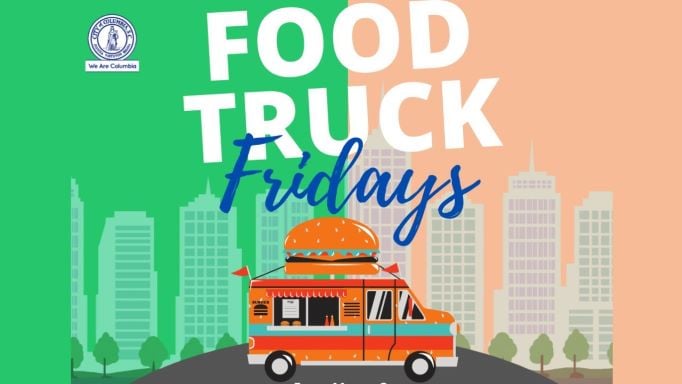 food truck friday illustration of food truck with a giant burger on top in front of a city scape
